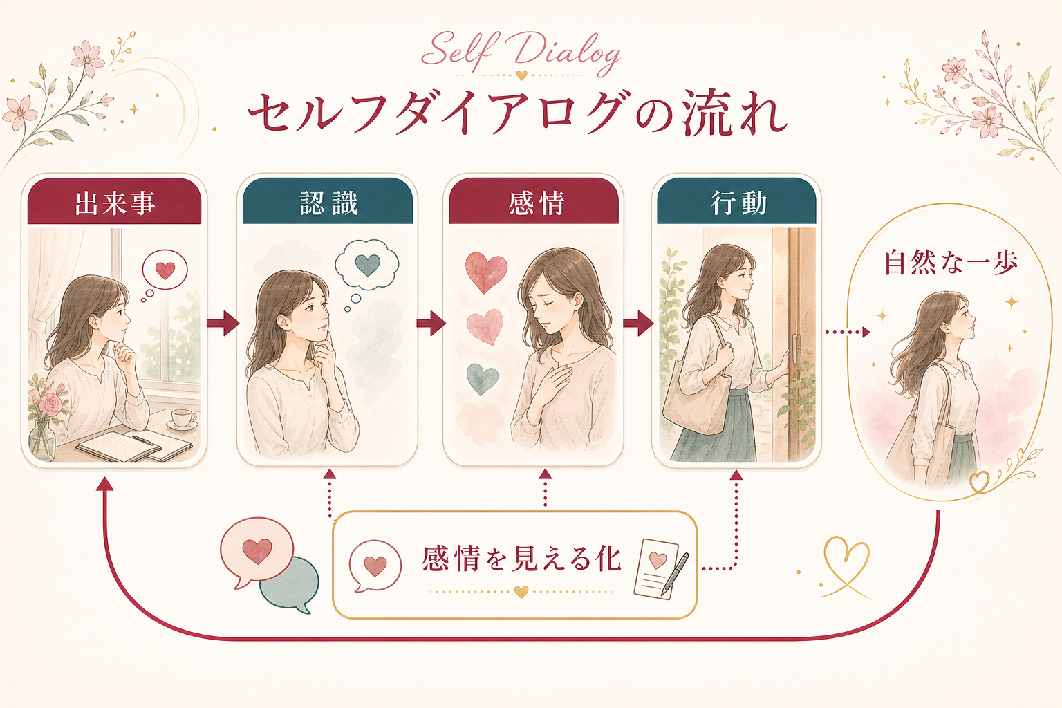 出来事、認識、感情、行動の流れと感情の見える化を示す図解
