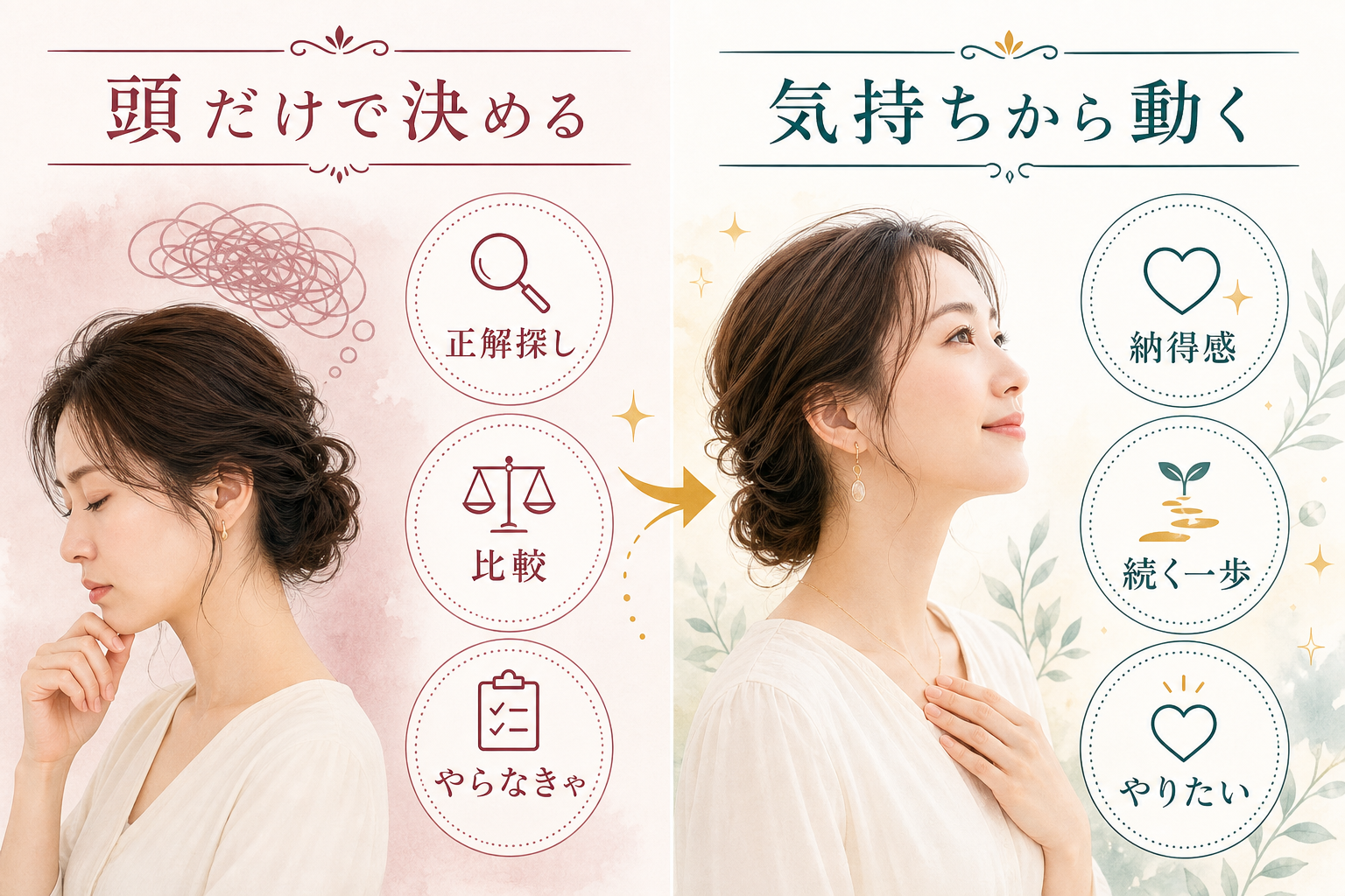頭だけで決める場合と気持ちから動く場合の比較図解